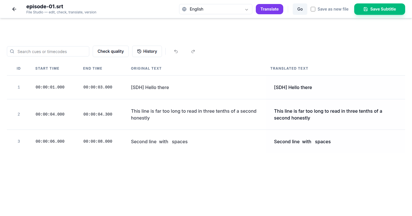 The File Studio: a subtitle cue table with timings, a quality check result and version history
