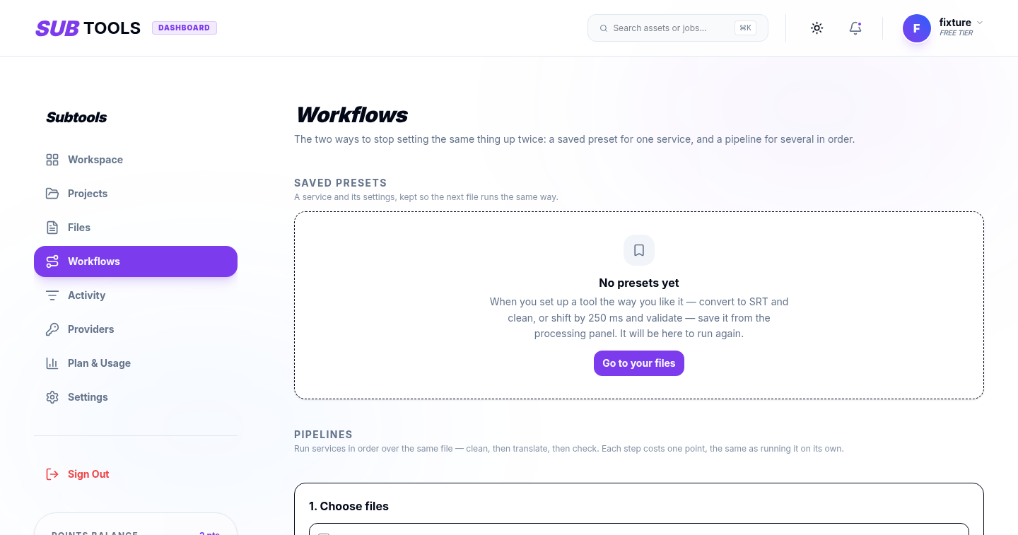 The workflows screen: saved presets and ordered processing pipelines